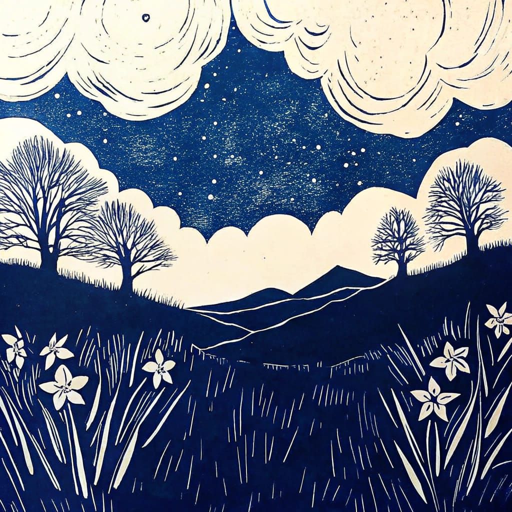 A Moody Summer Night in Blue and Grey, Painted with Deep Emo...