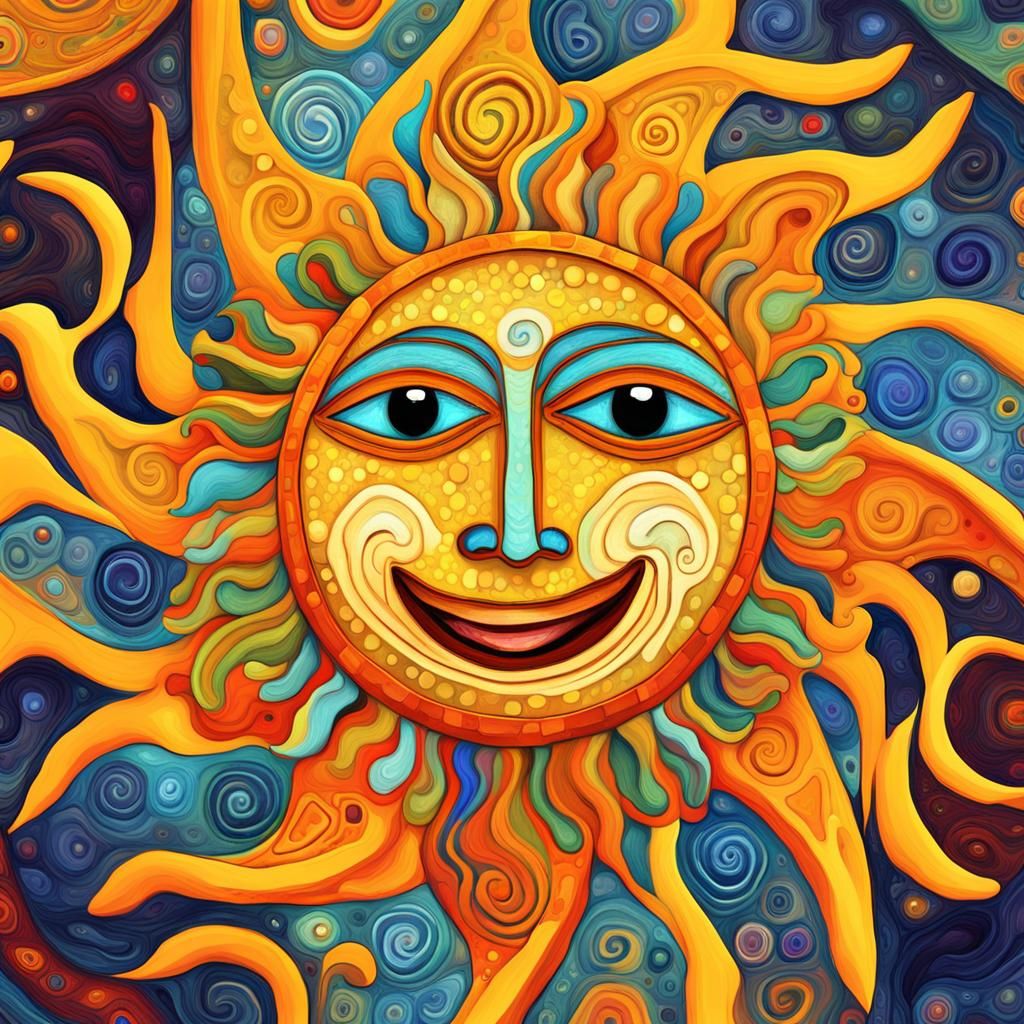 Smiling Sun: Whimsical Digital Art in Klimt Style