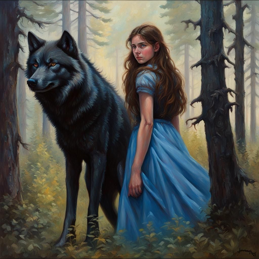 Girl and Wolf in Oil Painting Style