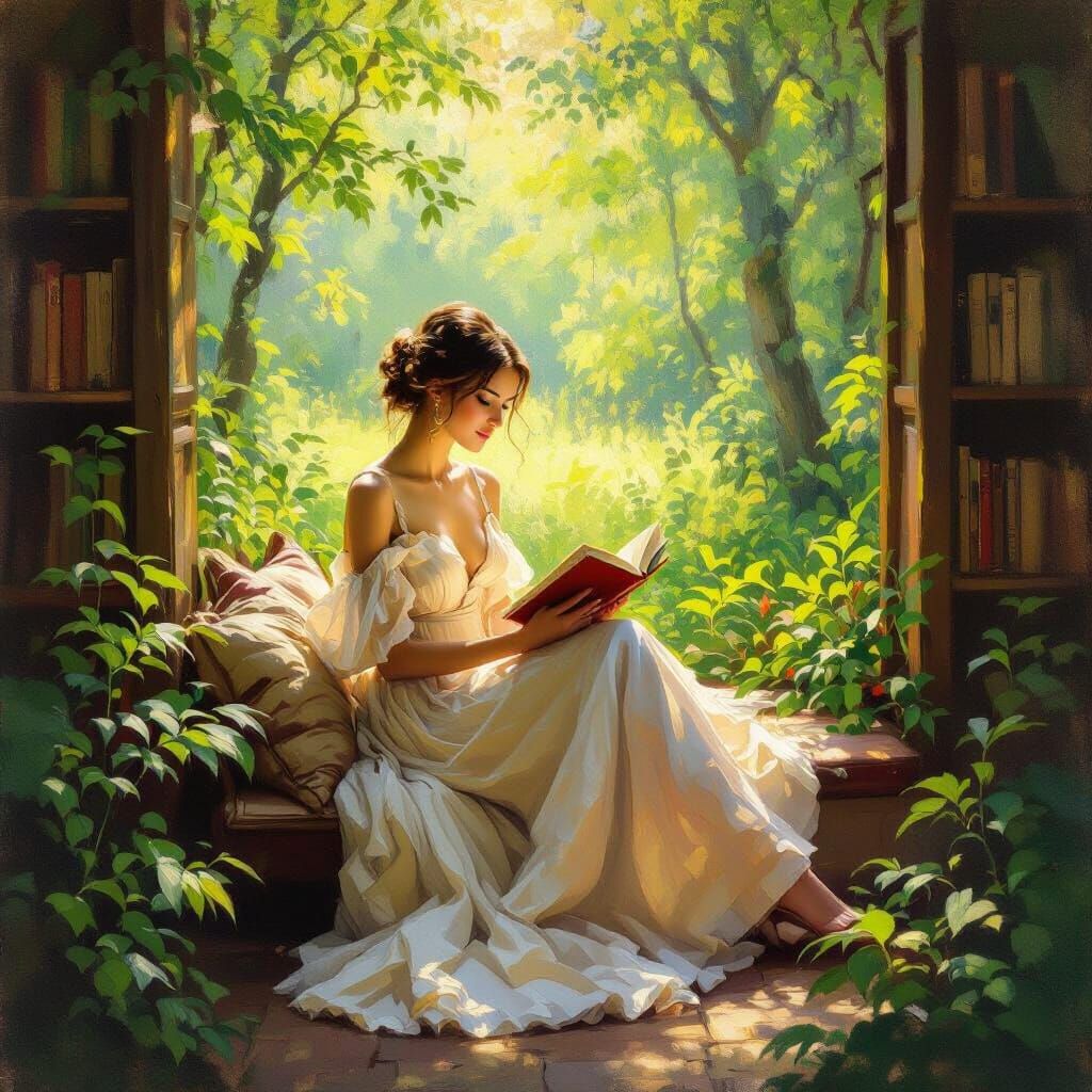 Impressionistic Woman Reading in Forest Nook