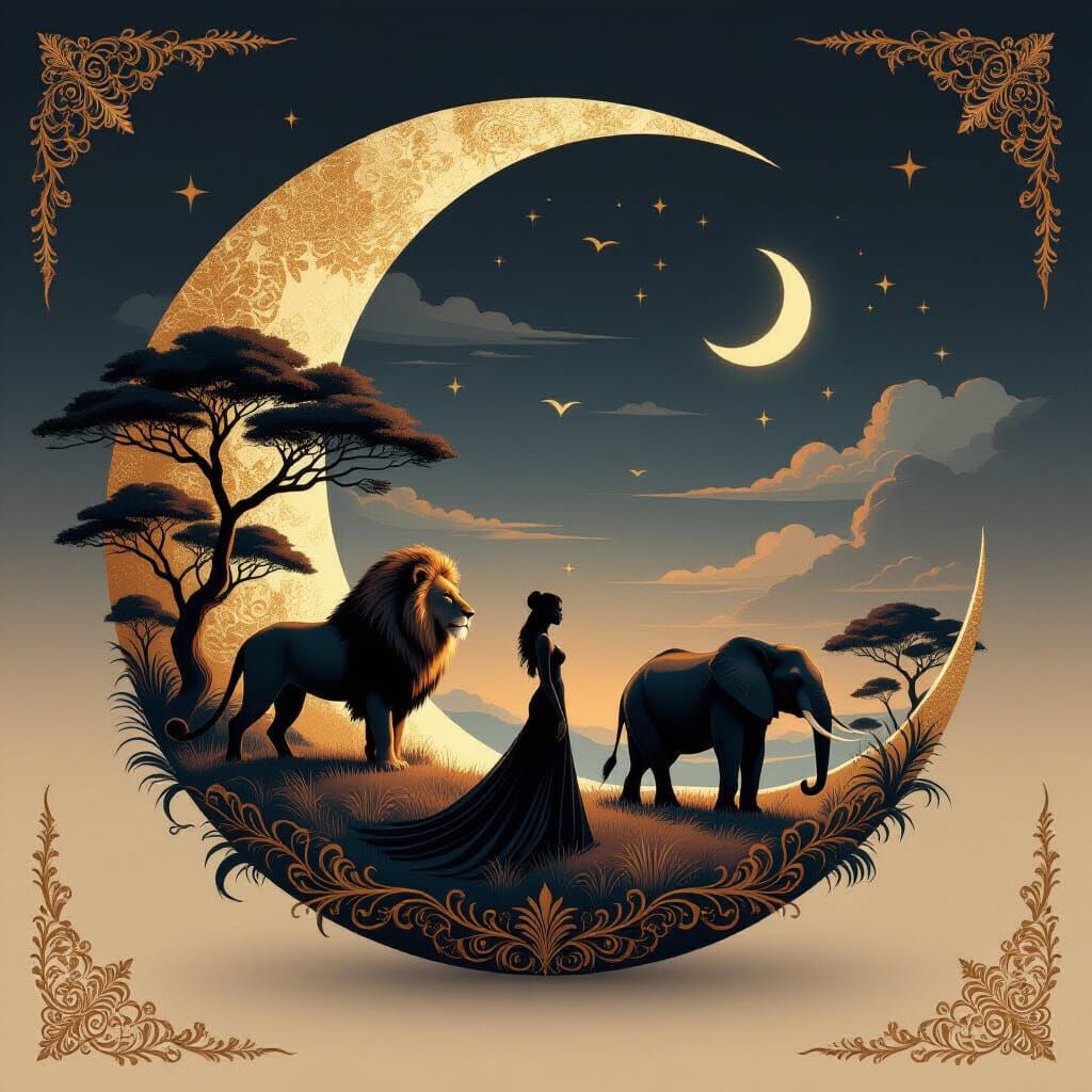 stylized crescent moon filled with layered savanna scenes, i...