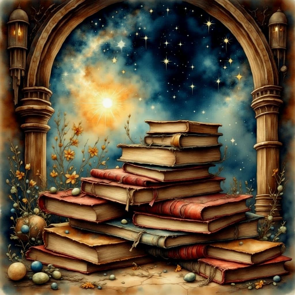 Mischievous Fox Reading Books Under Stars in Watercolor