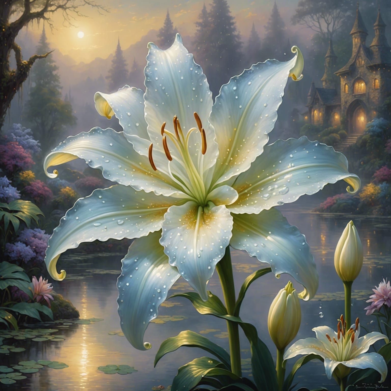 Opal Lily with Pearl Tears: Ethereal Fantasy Art
