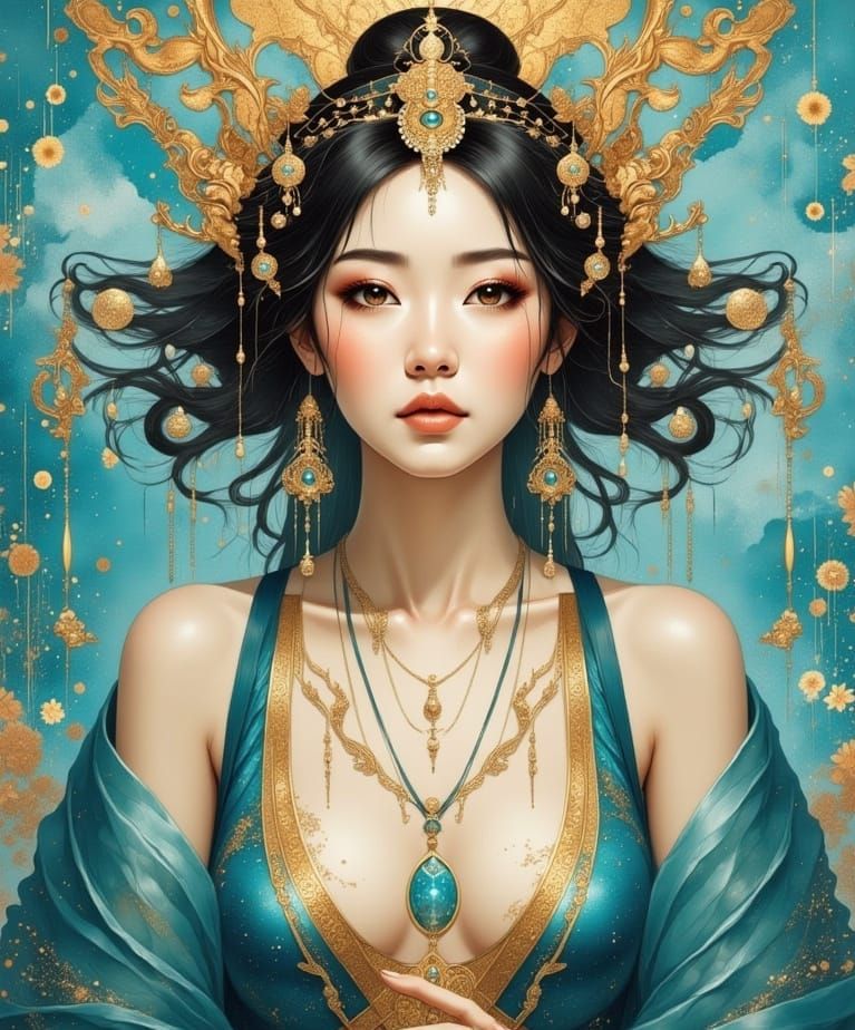 Ethereal Fantasy Portrait of Korean Woman in Traditional Hea...