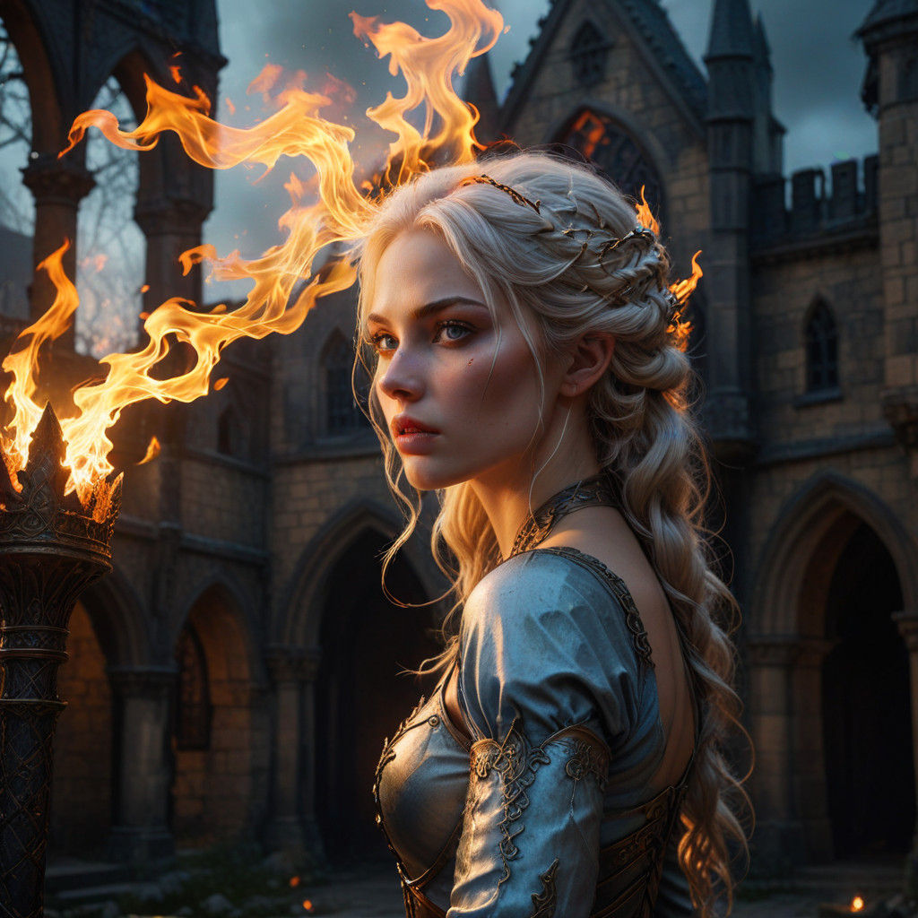 Medieval Warrior Woman Enthralled by Blazing Firelight