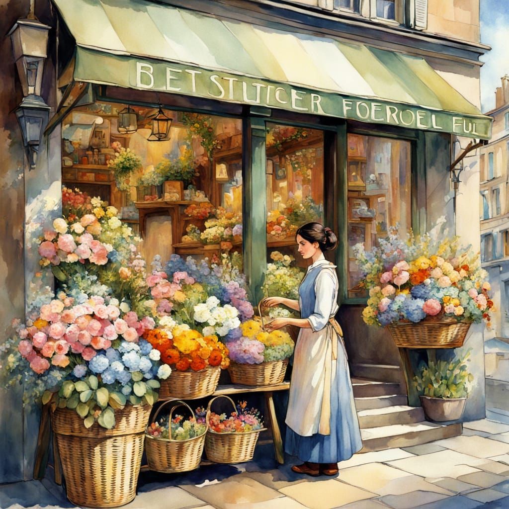 Dreamy Florist Arranging Flowers as Watercolor Painting