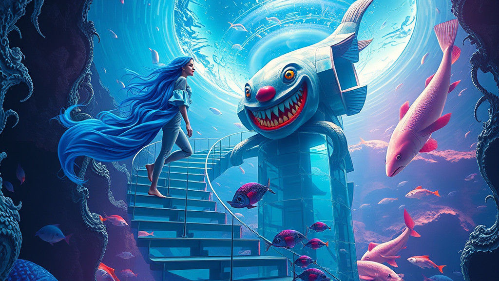 Surreal Aquarium Tower with Ascending Figure, in Acidic Colo...