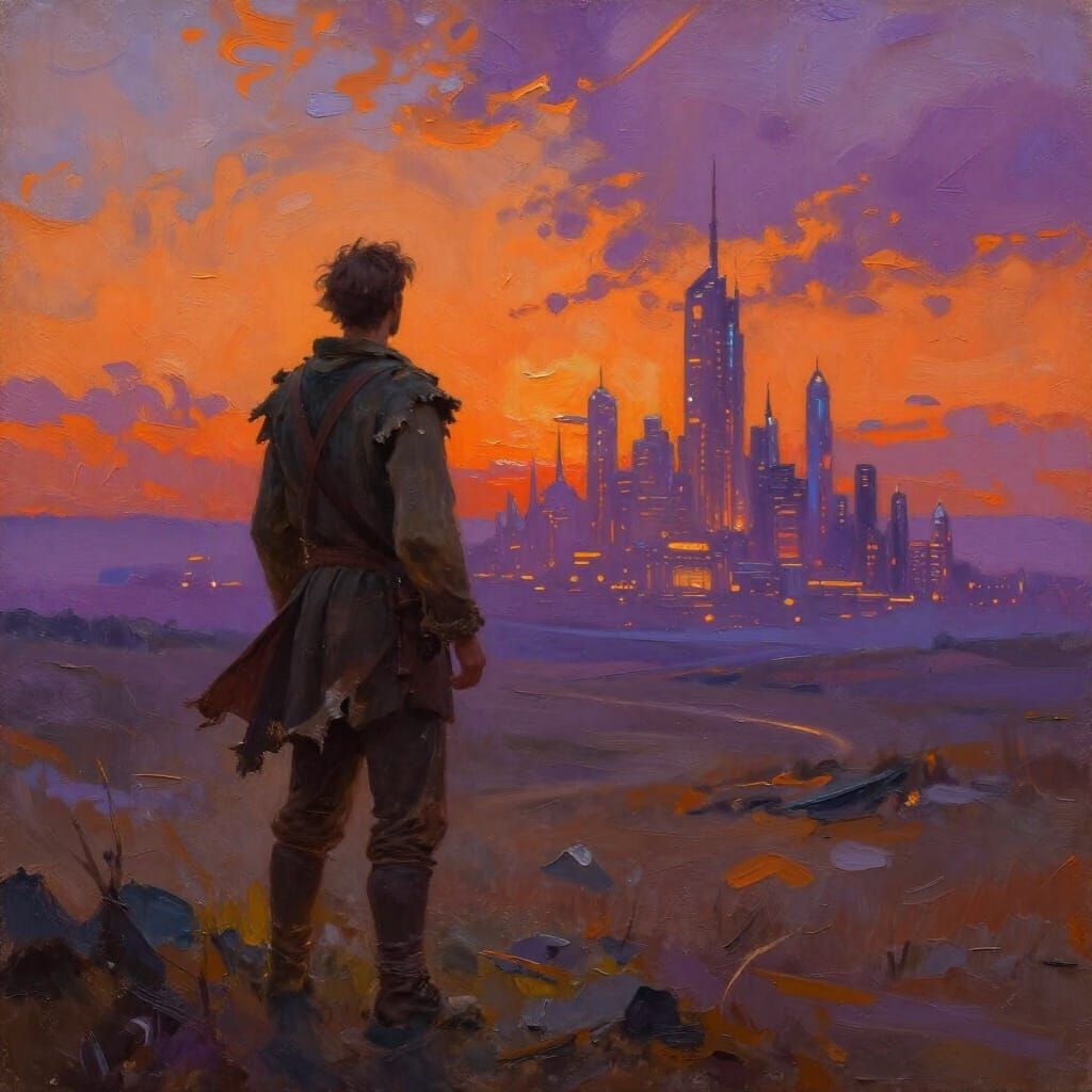 Man Leaving Past for Futuristic City in Oil Painting