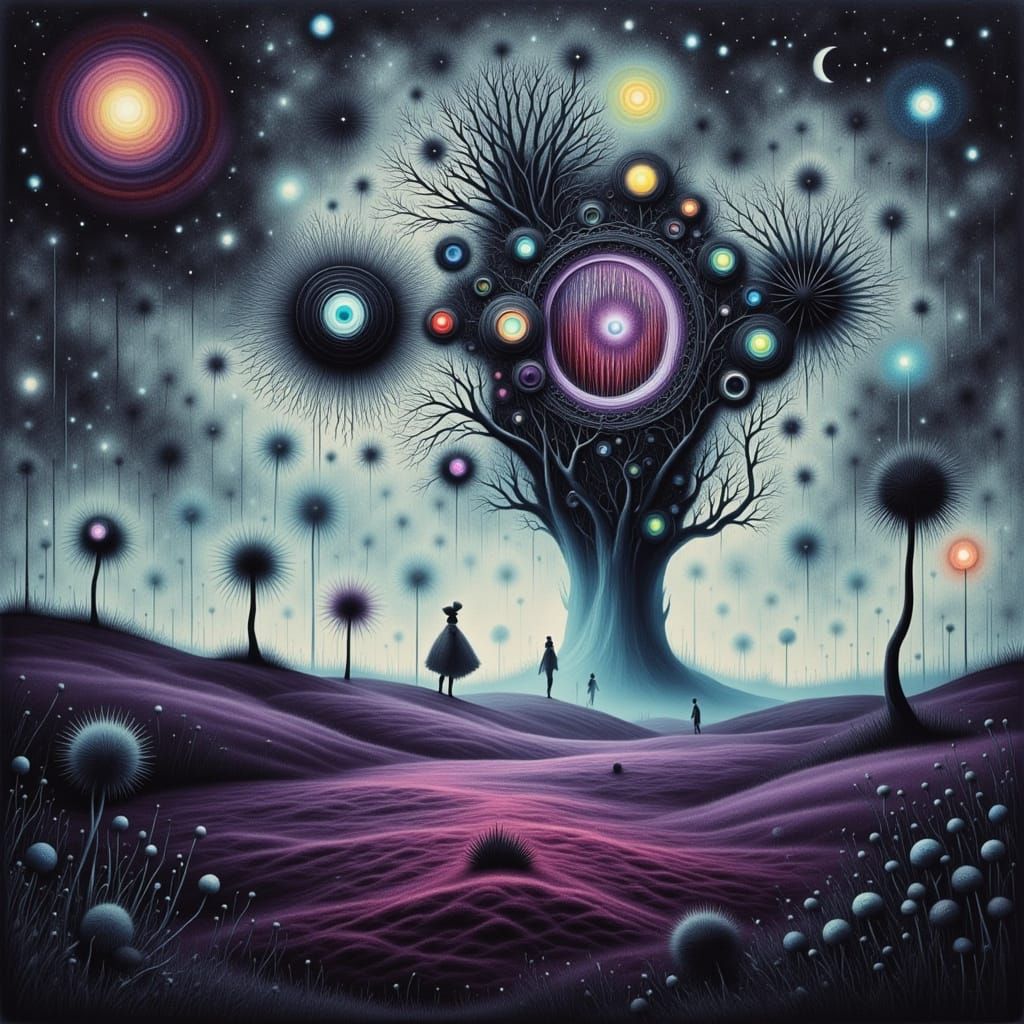 Mysterious Figure in Dreamlike Landscape with Levitating Obj...