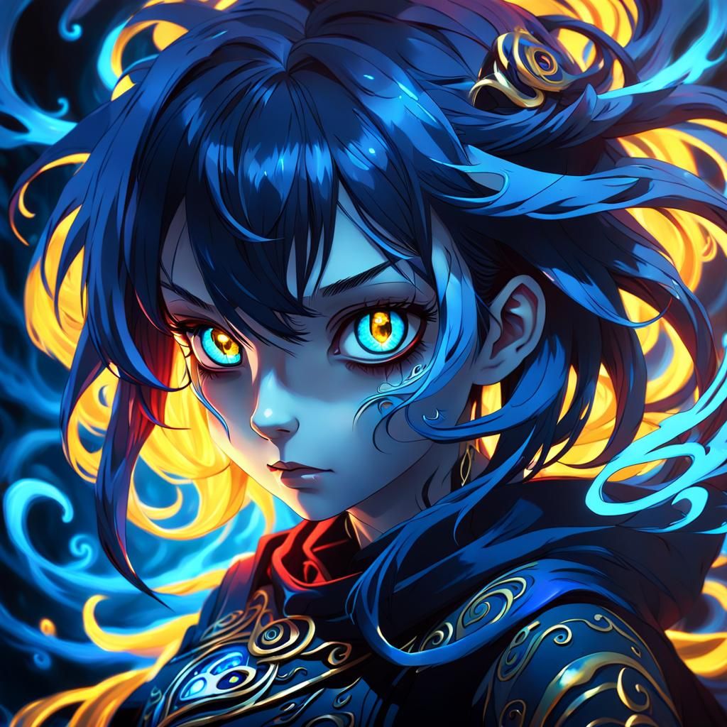 A cute realistic anime girl with evil expression and dark aura