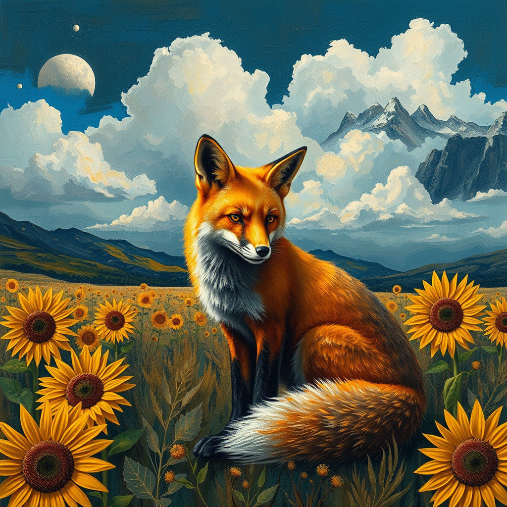 Surreal Fox Posing Under Expressionist Clouds