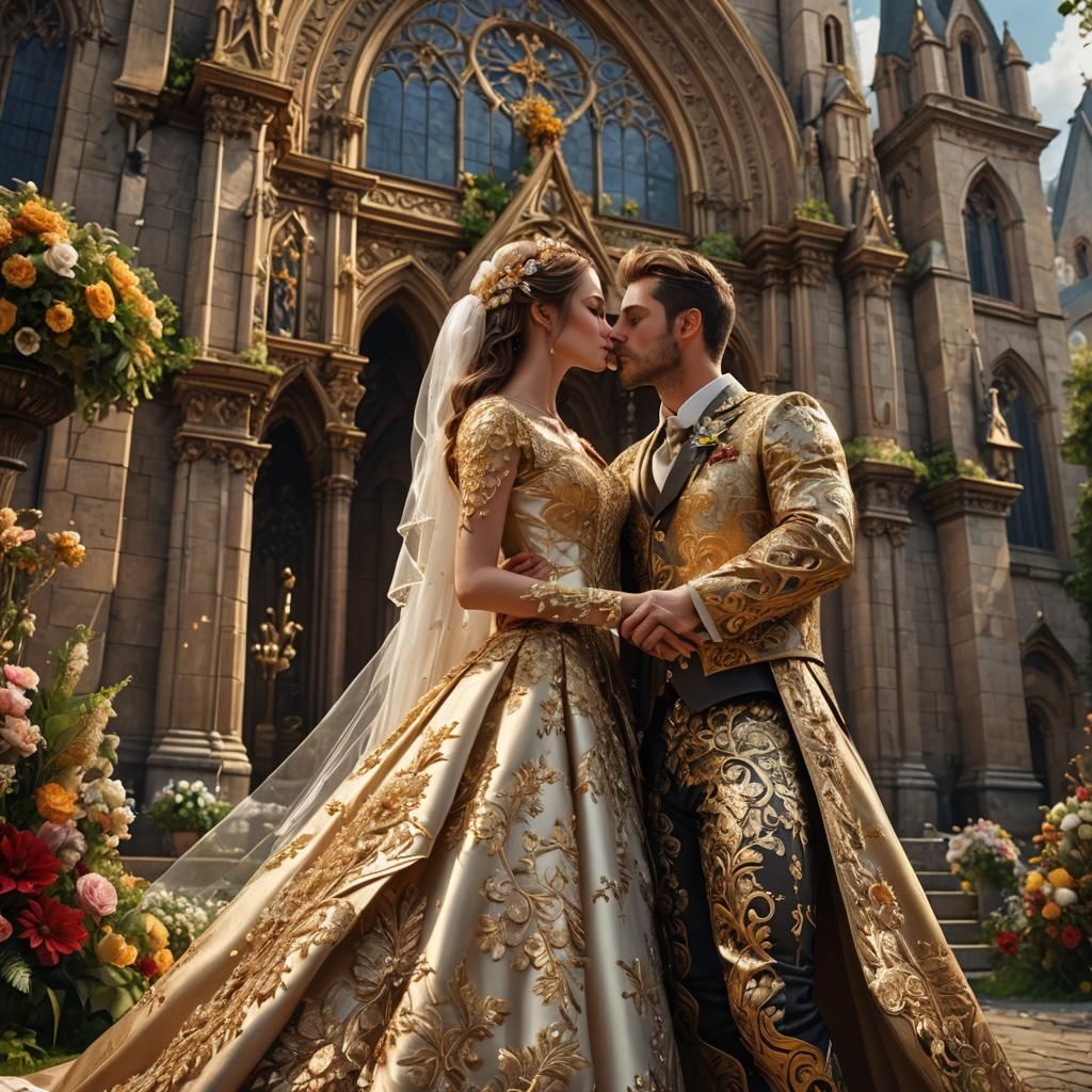 Bride and Groom Kissing Outside Floral Church