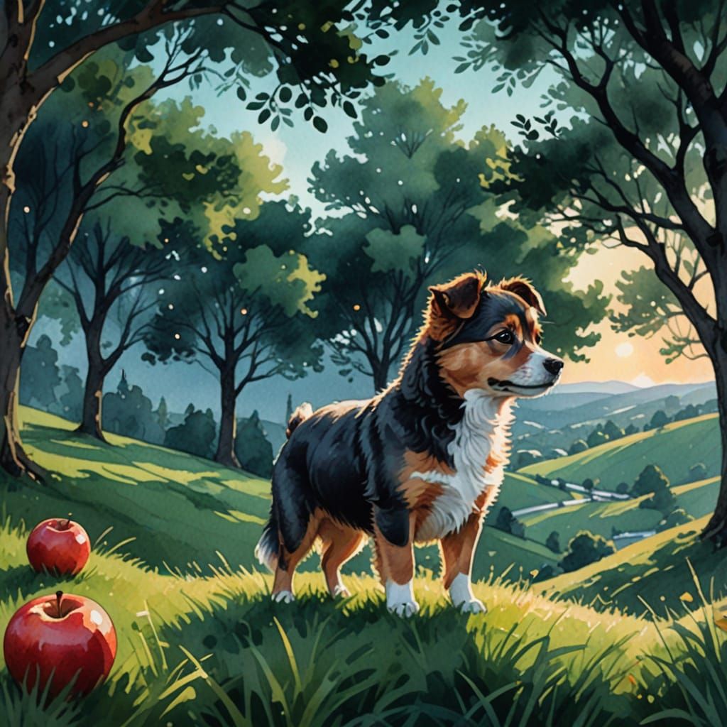 Whimsical Apple Dog Portrait in Watercolor Style