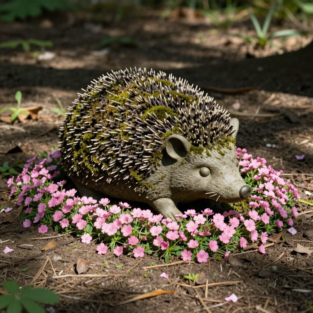 Mossy Hedgehog Statue Covered in Pink Flowers