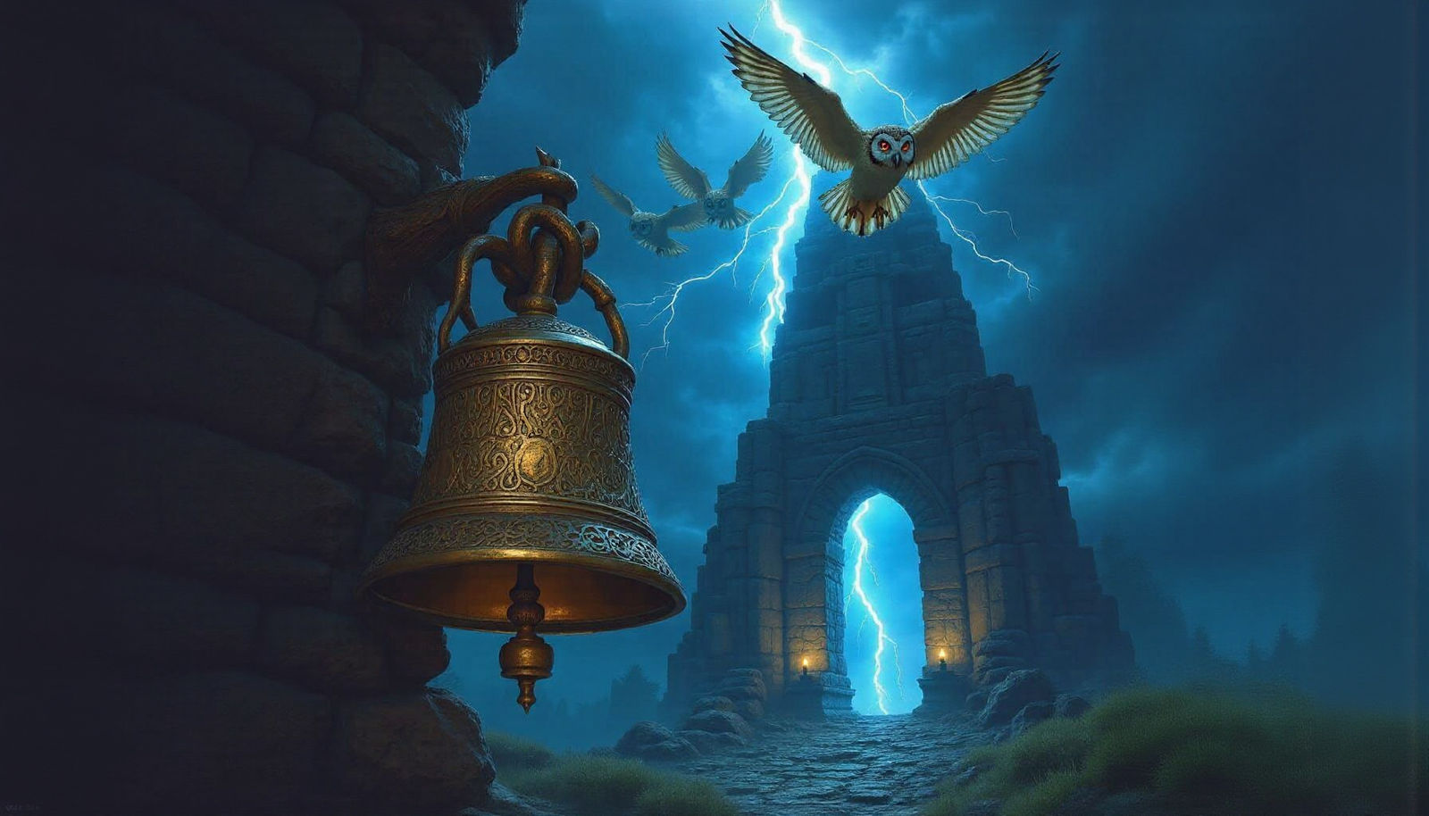 Celtic Owls Fly Through Fantasy Portal at Night