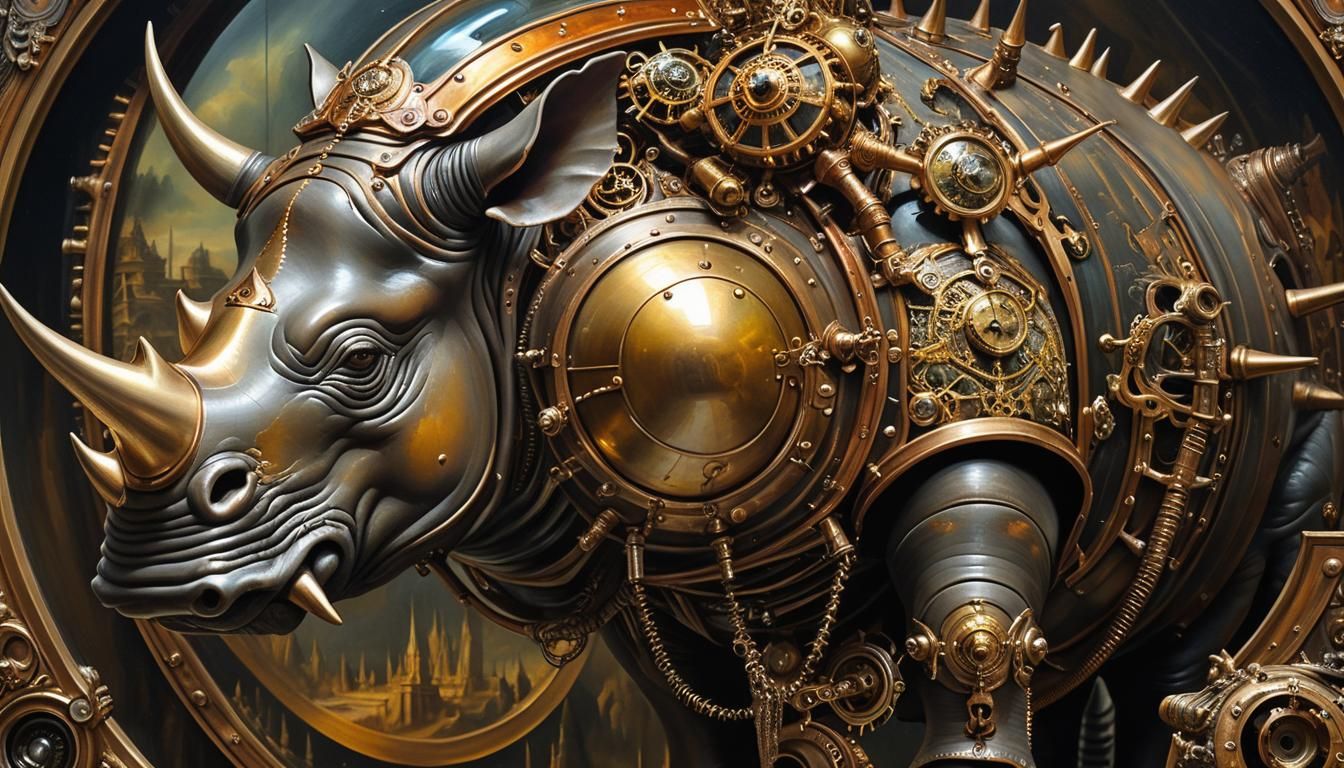 Steampunk Armored Rhino Oil Painting in Gothic Style