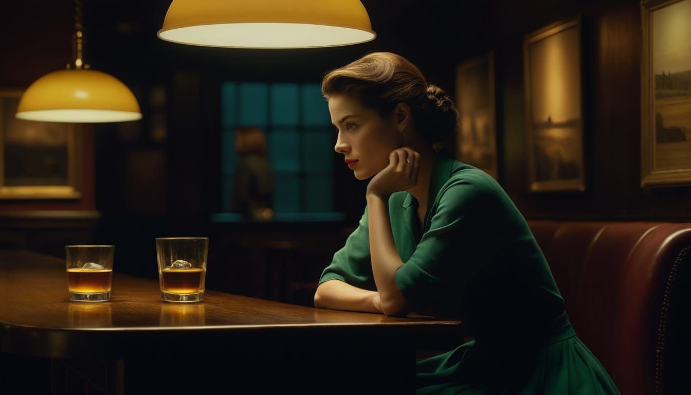 Elegant Woman in Warmly Lit Bar, Edward Hopper Style
