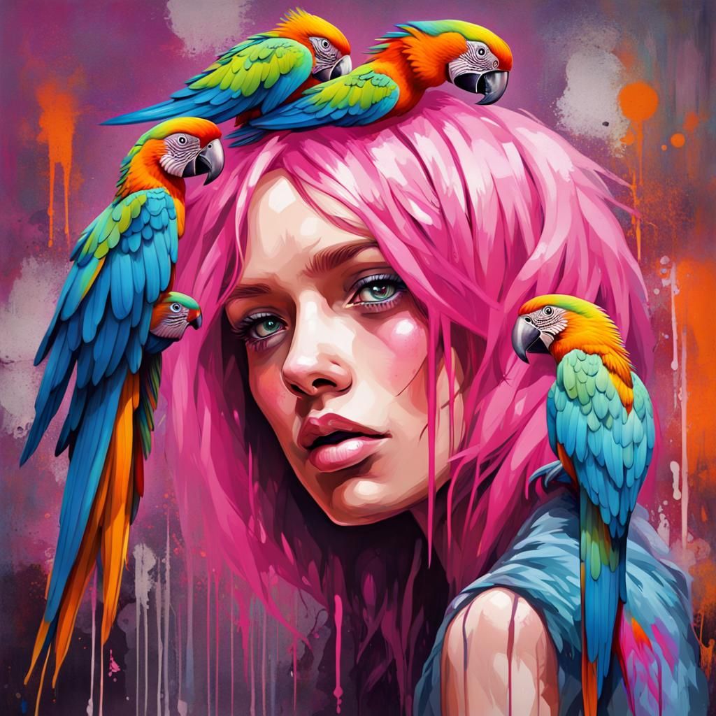 Pink-Haired Woman with Macaw in Graffiti Art