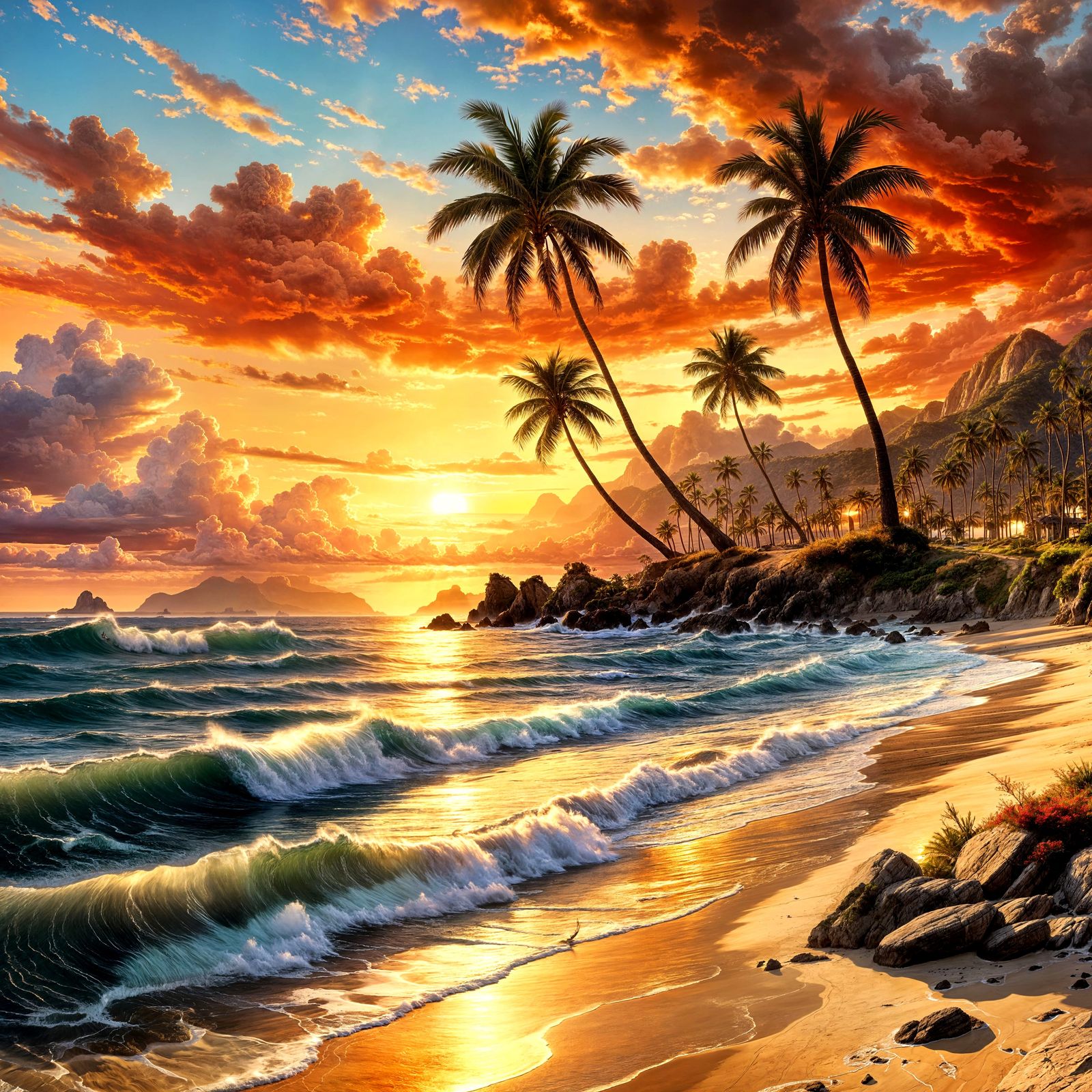 Ocean Sunset with Coastal Rocks in 3D
