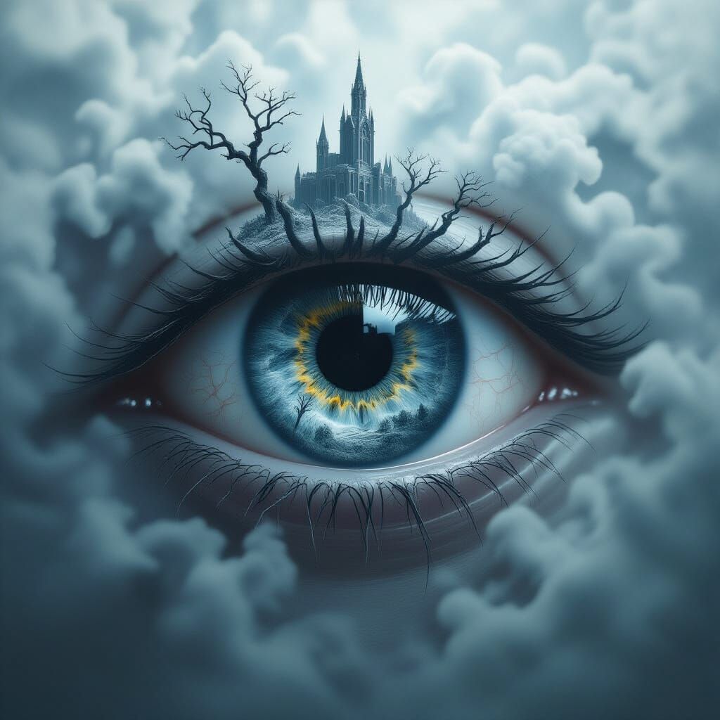 Giant Human Eye with Miniature World in Ethereal Mist