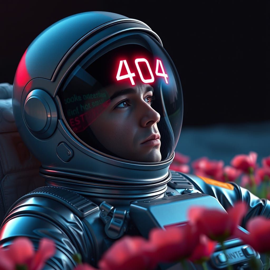 Sleek Astronaut in Lunar Poppies with Glitch Art Display