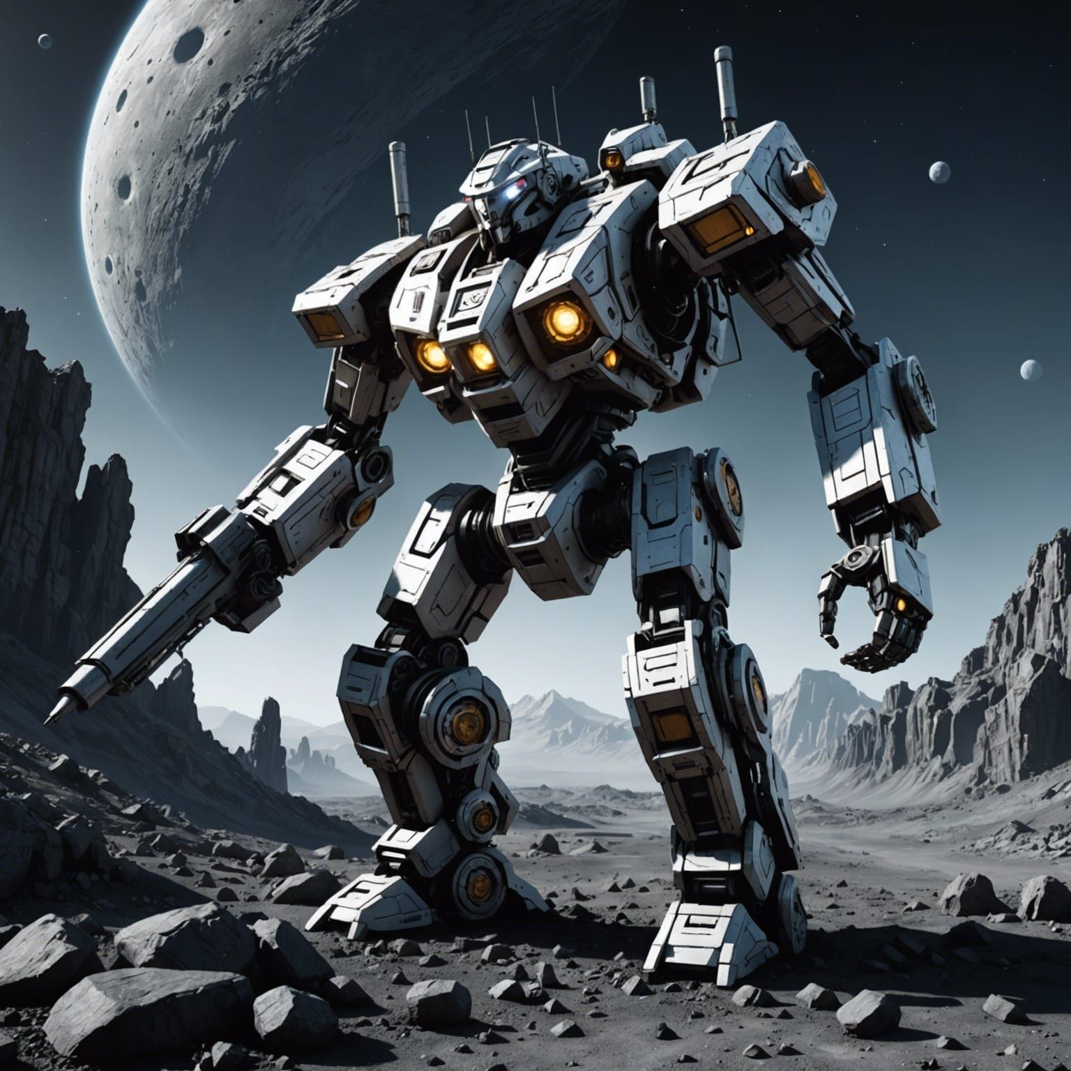 Robot Mecha Drills on Asteroid: 3D Photoillustration