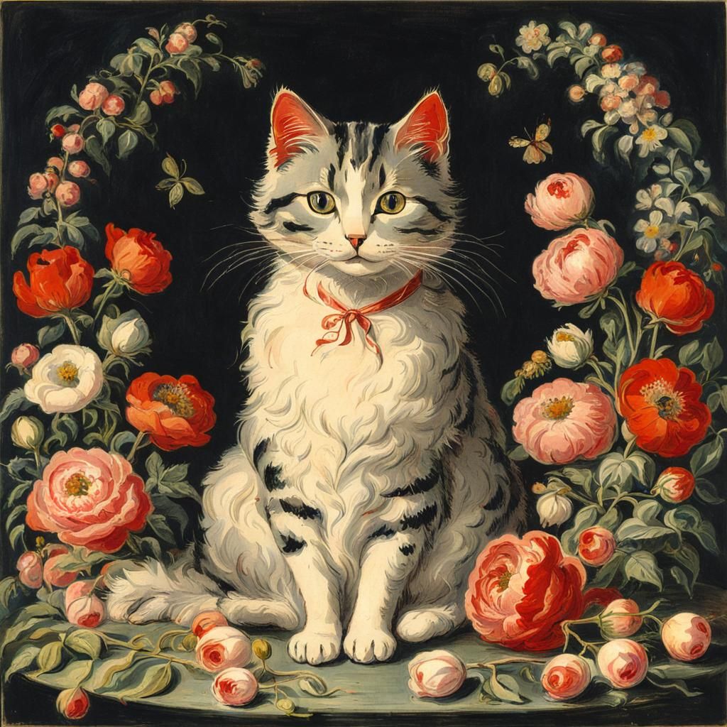 Charming Cat Surrounded by Flowers in Caricature Style