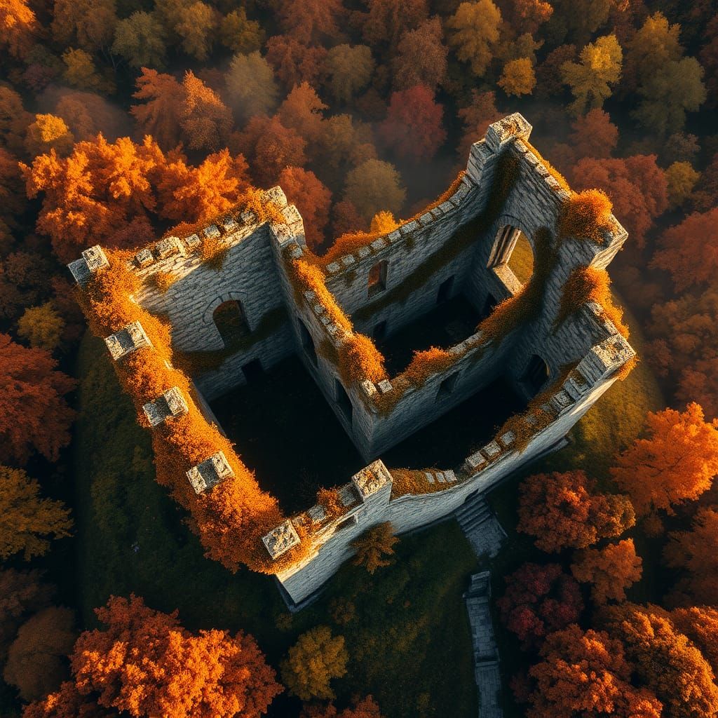 Autumnal Castle Ruins Aerial View: Hyper-Realistic Concept A...