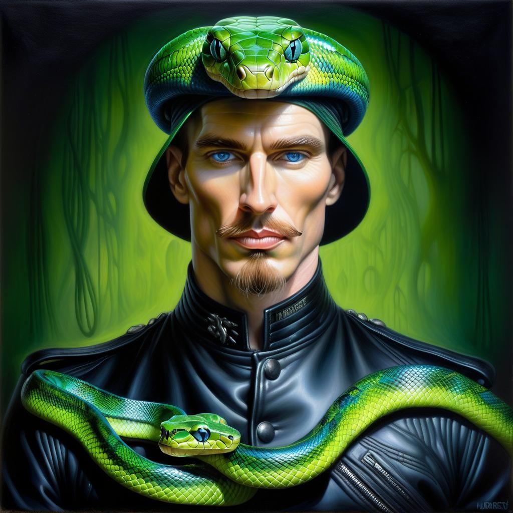 Green mamba snake man
