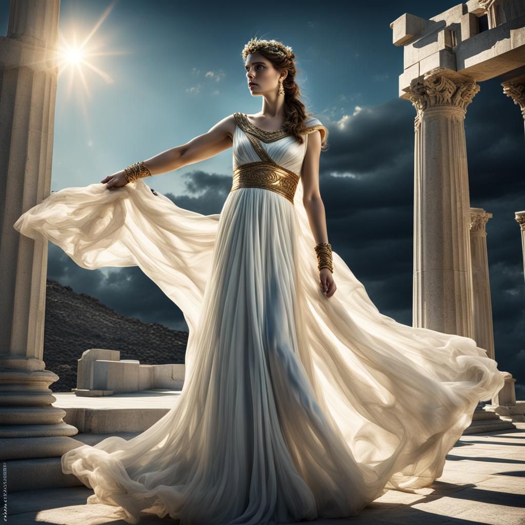 A Greek Goddess in a long flowing gown intricate details, HD...