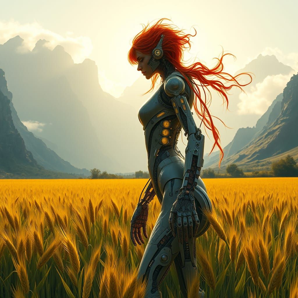 Fiery Red Cyborg Goddess Amidst Nature's Fury