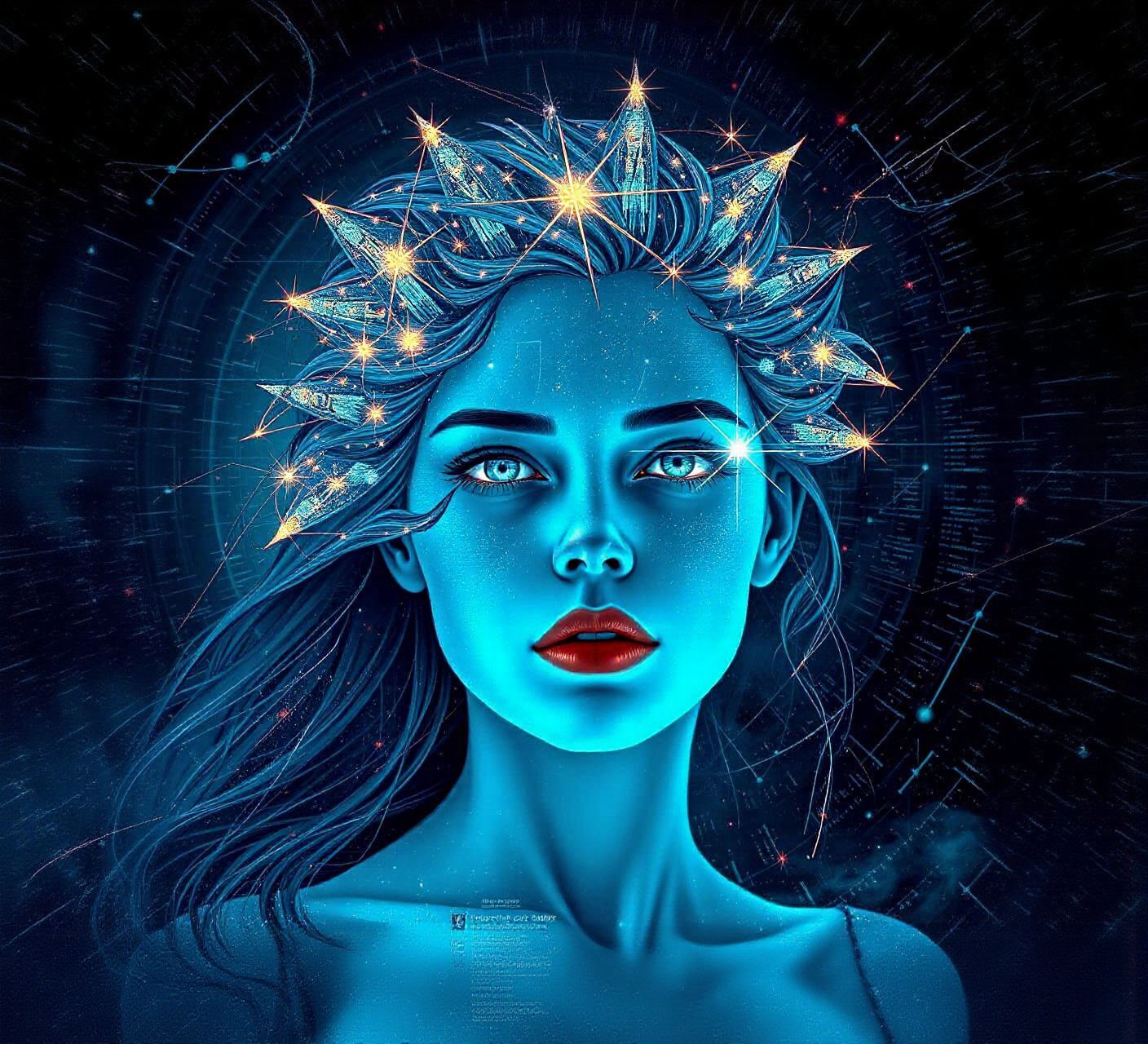 Bioluminescent Woman Portrait with Digital Glitches