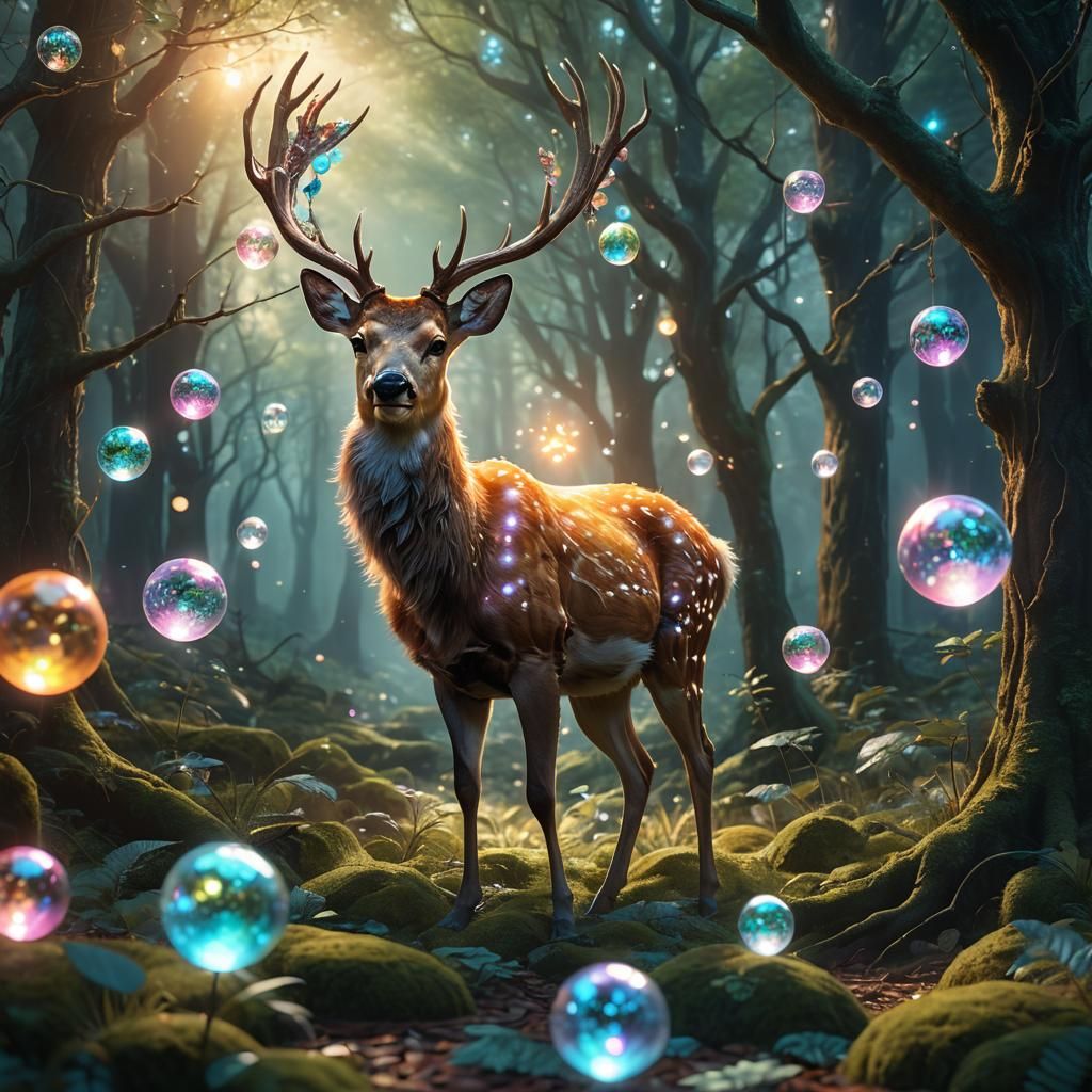 Angelic Deer Navigates Magical Forest Path