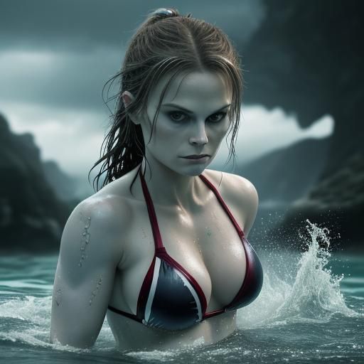 Rogue in Bikini Swimming: Hyperrealistic Cinematic Portrait