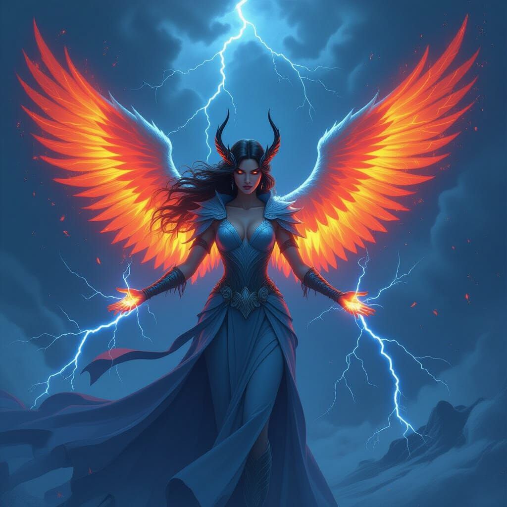 Goddess of Ice and Fire with Flaming Wings