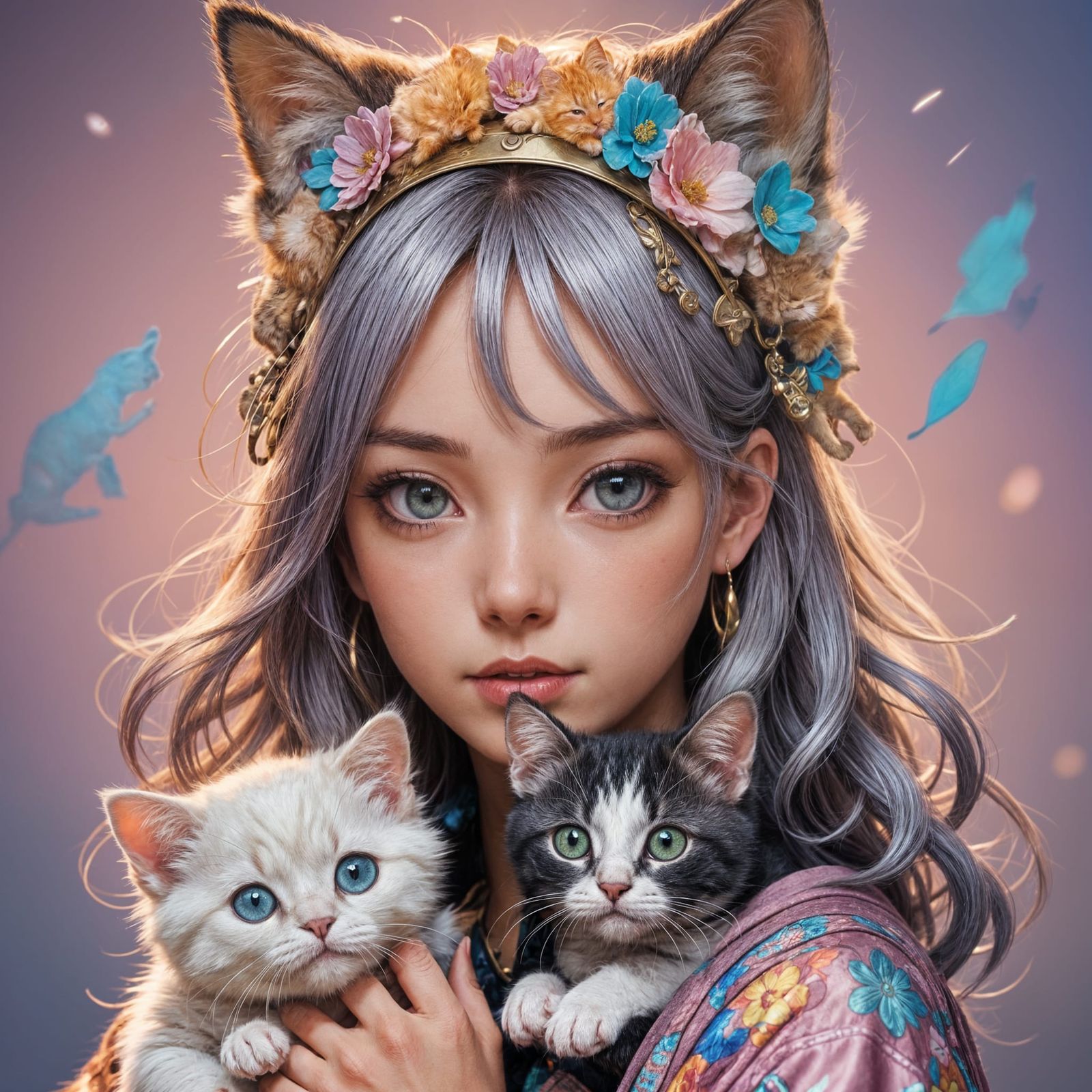 Anime Girl with Puppy and Kitten, Detailed Art