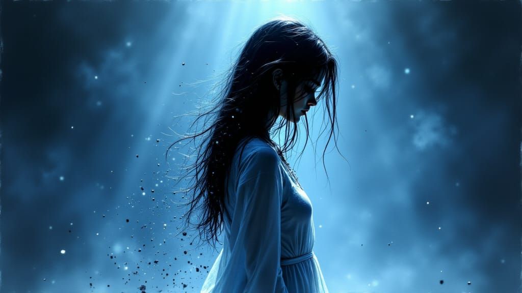 Woman in Flowing Blue & White Dress in Dreamlike Forest