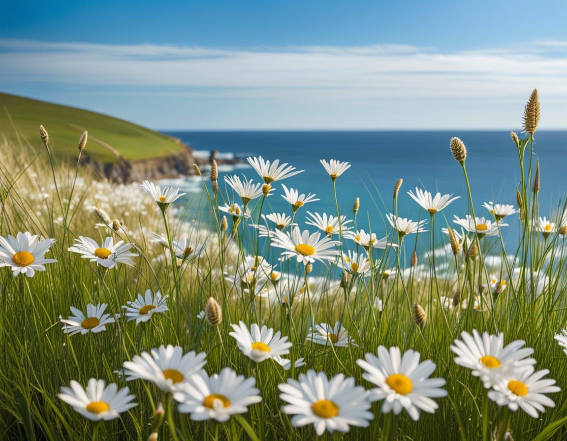 Coastal Field with Daisies and Blue Sea View