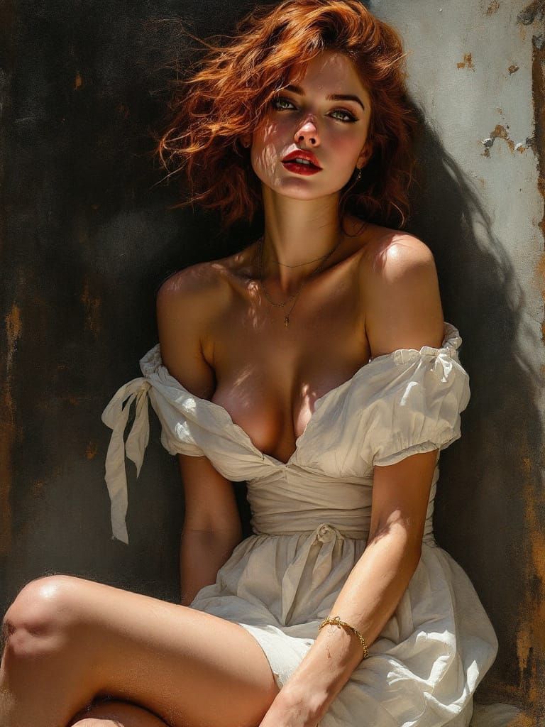 Redhead Woman in White Dress: Sargent & Goya Style