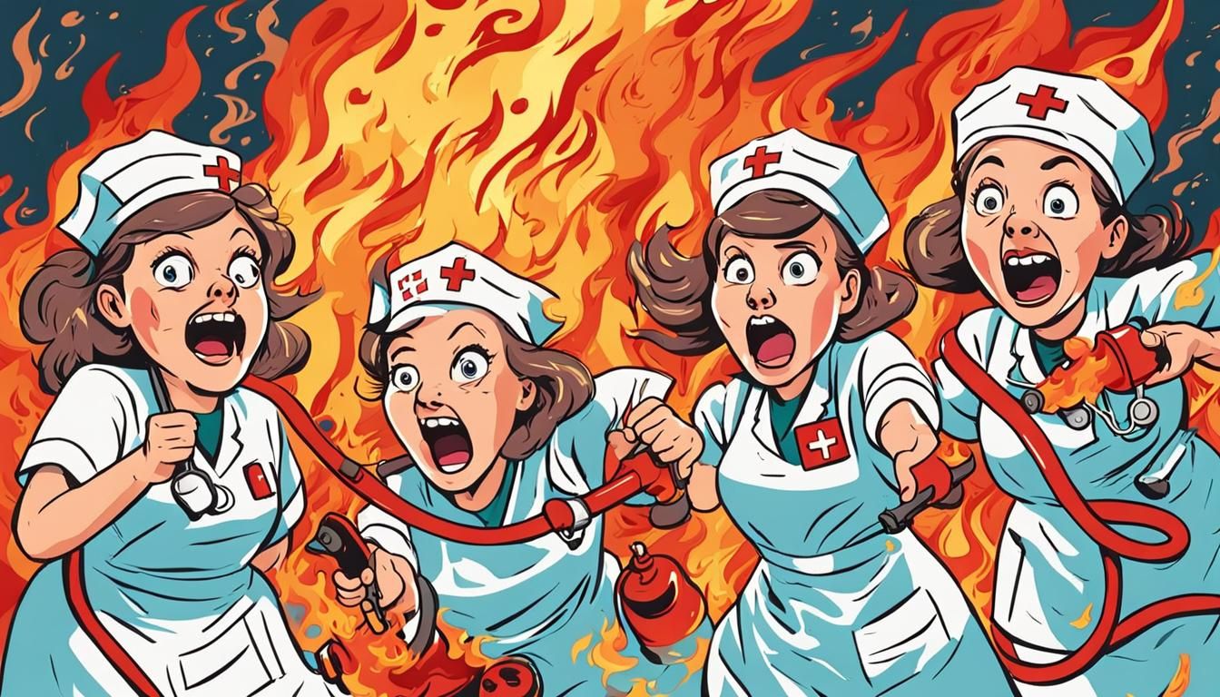 Comedic Cartoon of Nurses Frantically Extinguishing Fires