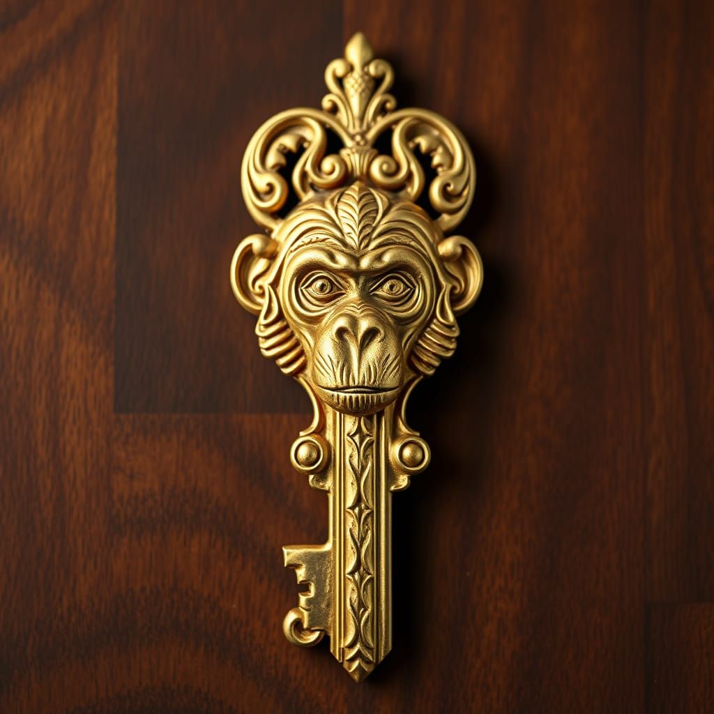 Golden Key with Intricately Carved Monkey Face