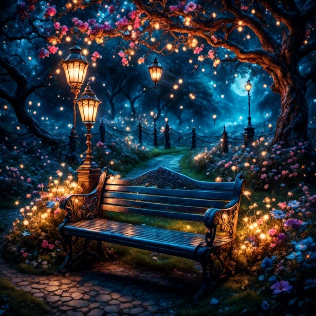 Beautiful Park Bench Under Moonlight and Stars