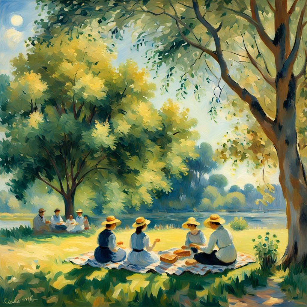 Impressionist Family Picnic by the Marsh in Sunlight