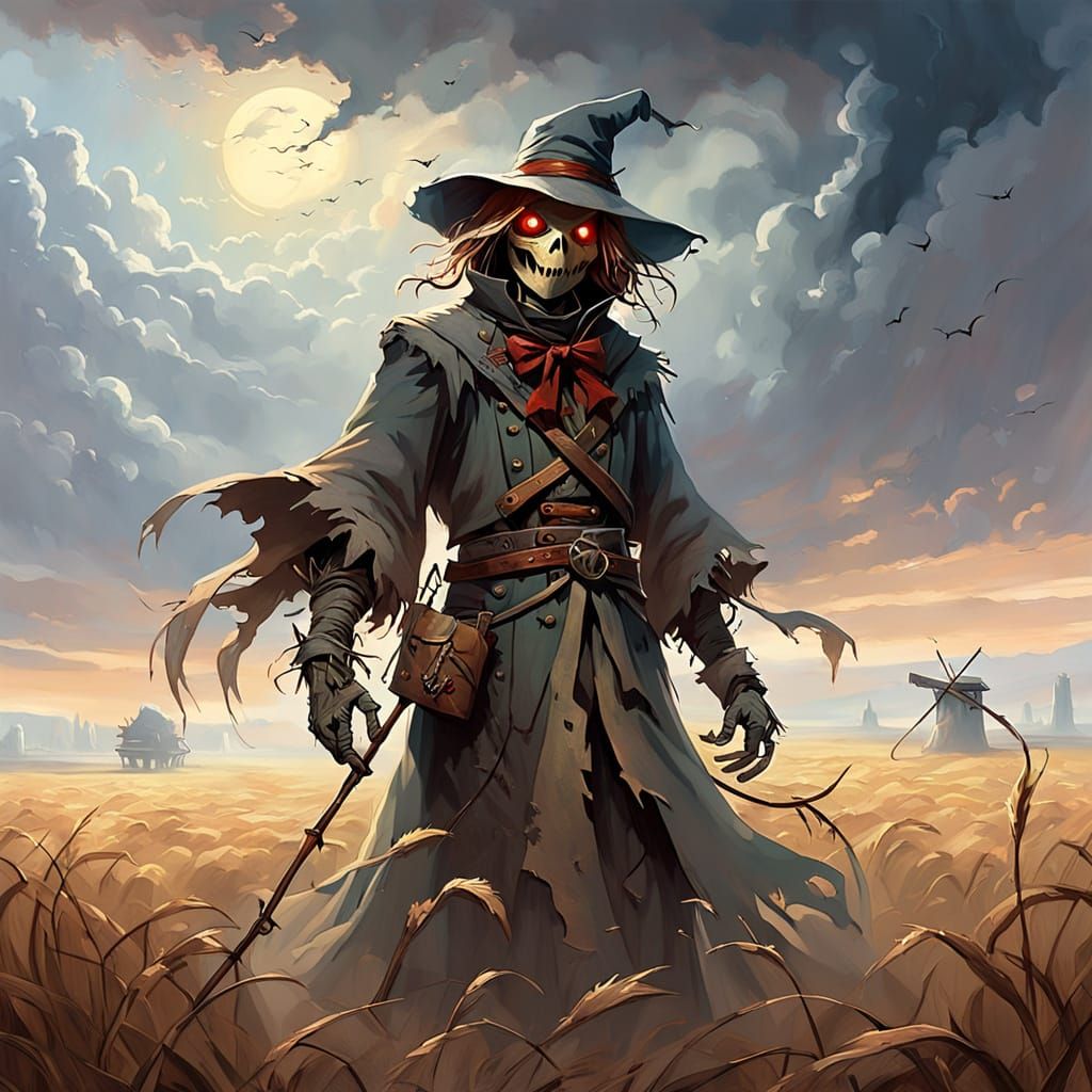 Weathered Scarecrow Guards Desolate Field in Dark Fantasy La...