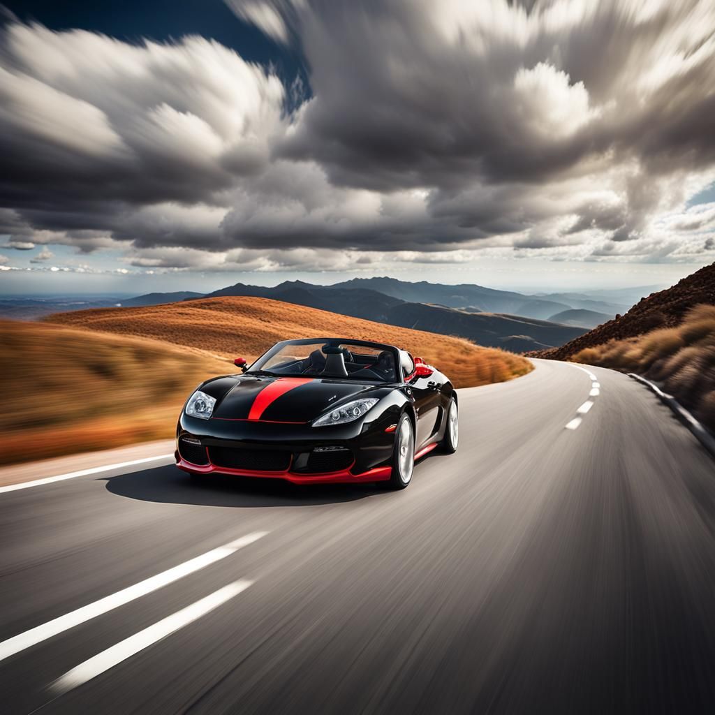 Sleek Black Sports Car on Mountain Road