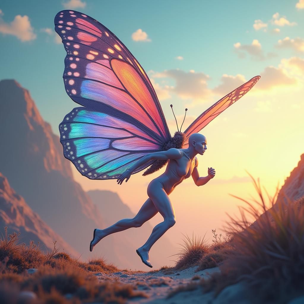 Humanoid to Butterfly Transformation in Ethereal Landscape