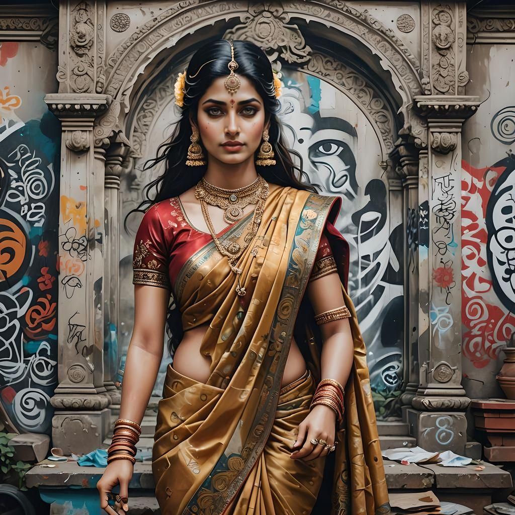 Goddess Parvati in Modern Sari with Graffiti Art