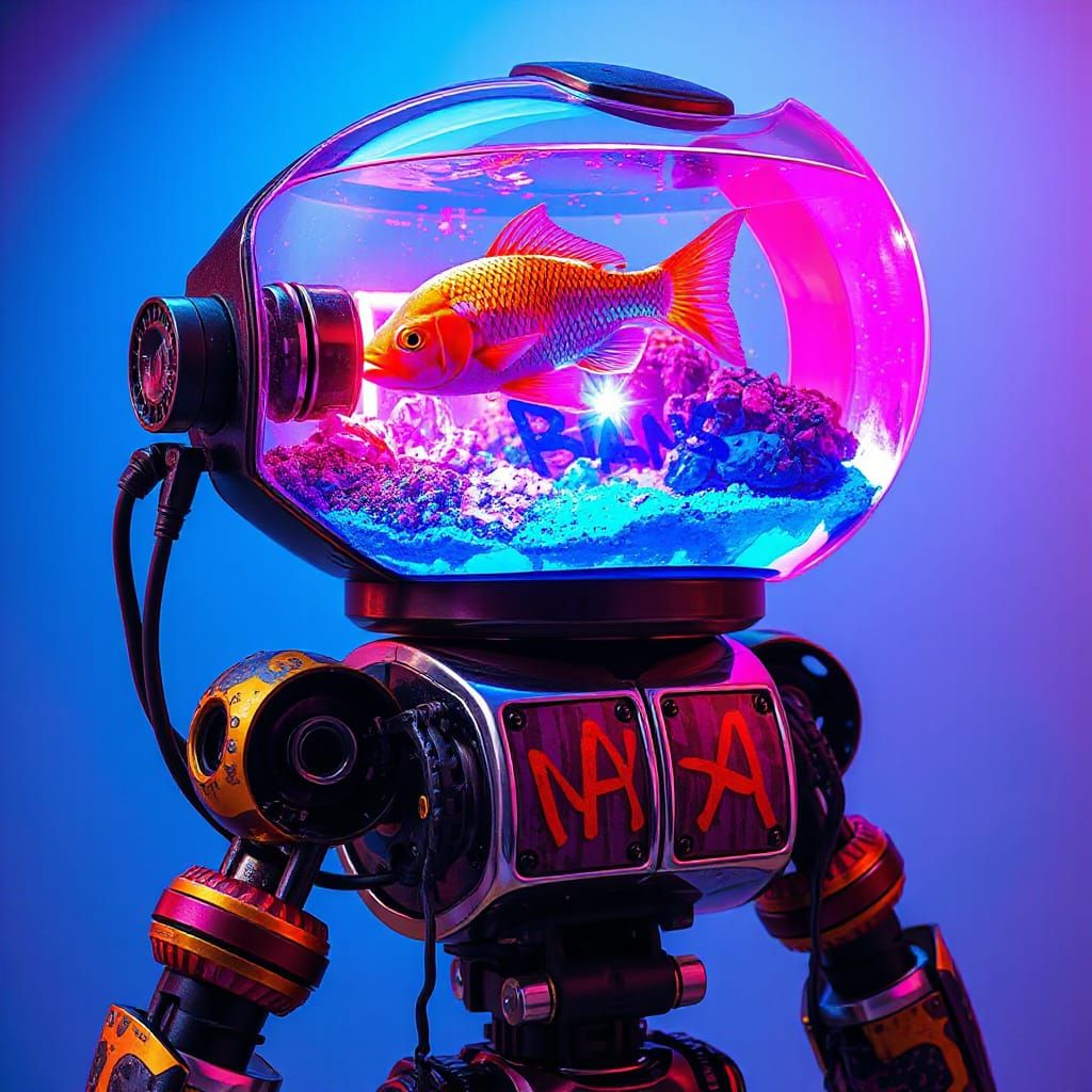 Neon Graffiti Robot with Crystalline Aquarium Head