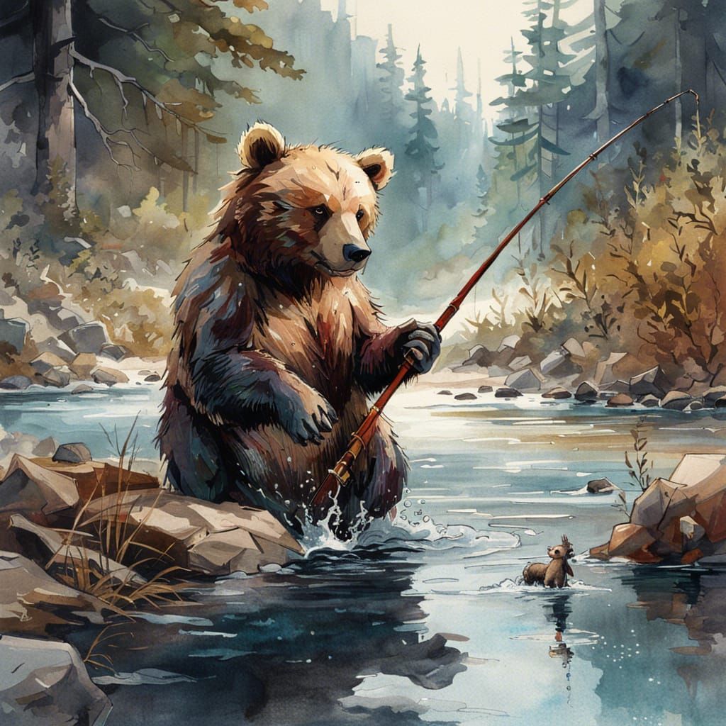 Adorable Bear Fishing in Watercolor Style
