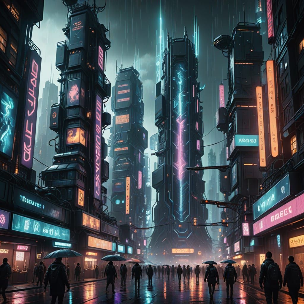 Cyberpunk Hive City with Neon Glow and Rain Slicked Streets